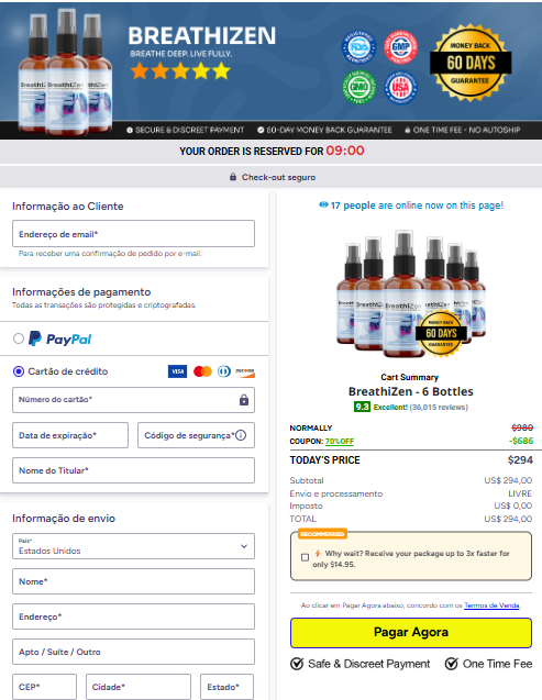 Breathizen secure order page hosted through ClickBank