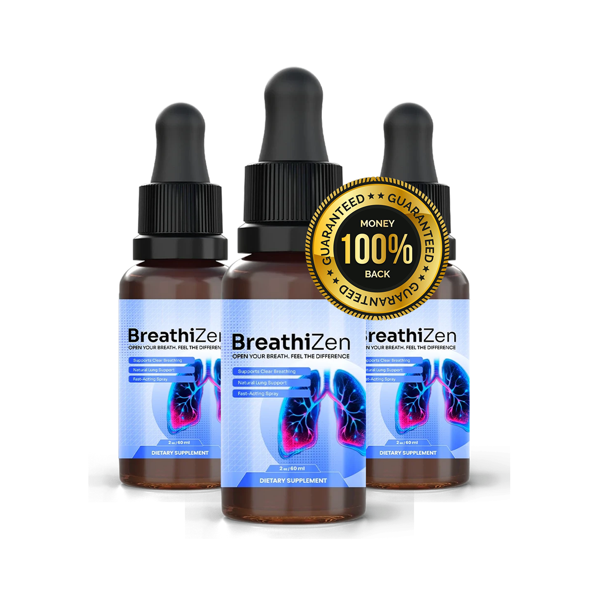 Breathizen respiratory support spray bottles with natural formula badge
