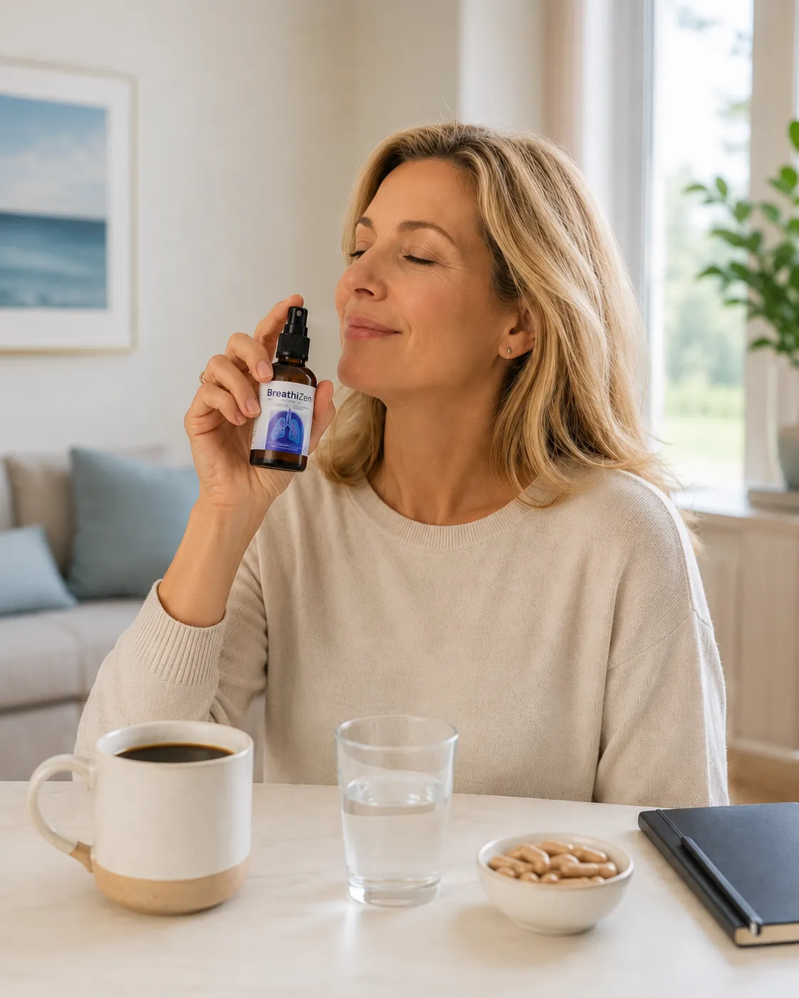 Woman using Breathizen oral spray as part of her morning routine