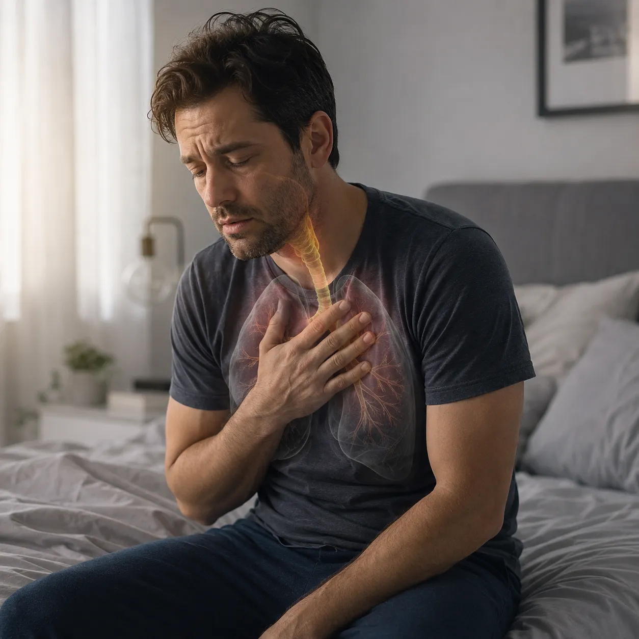 Man experiencing chest discomfort and difficulty breathing