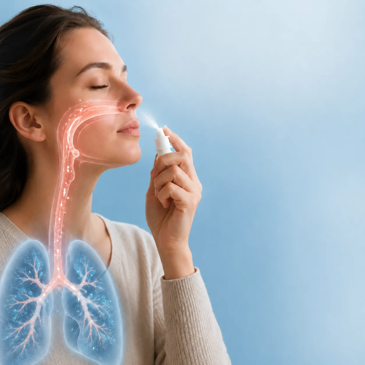 Woman using a nasal spray for respiratory support